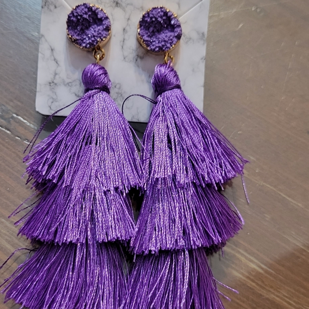 La Ti Da Handmade Creations Three Tier Tassel Earrings 3" Purple